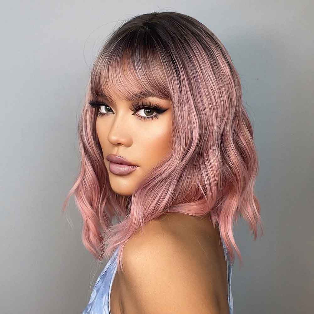 Pink highlight blunt bangs bob all sides