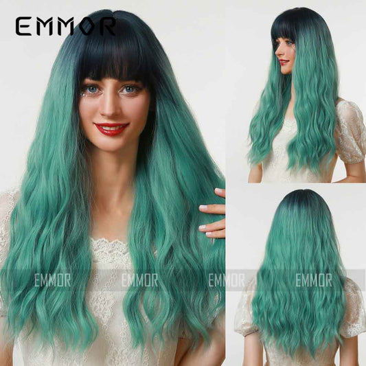 Cosplay long highlight green wave wig all sides