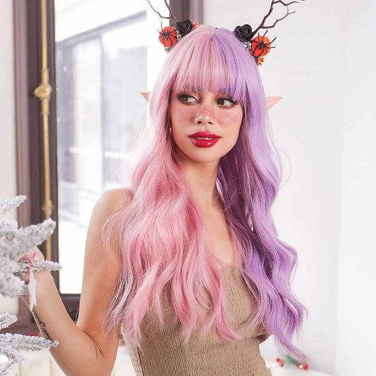 Cosplay pink and purple wave long wig left side