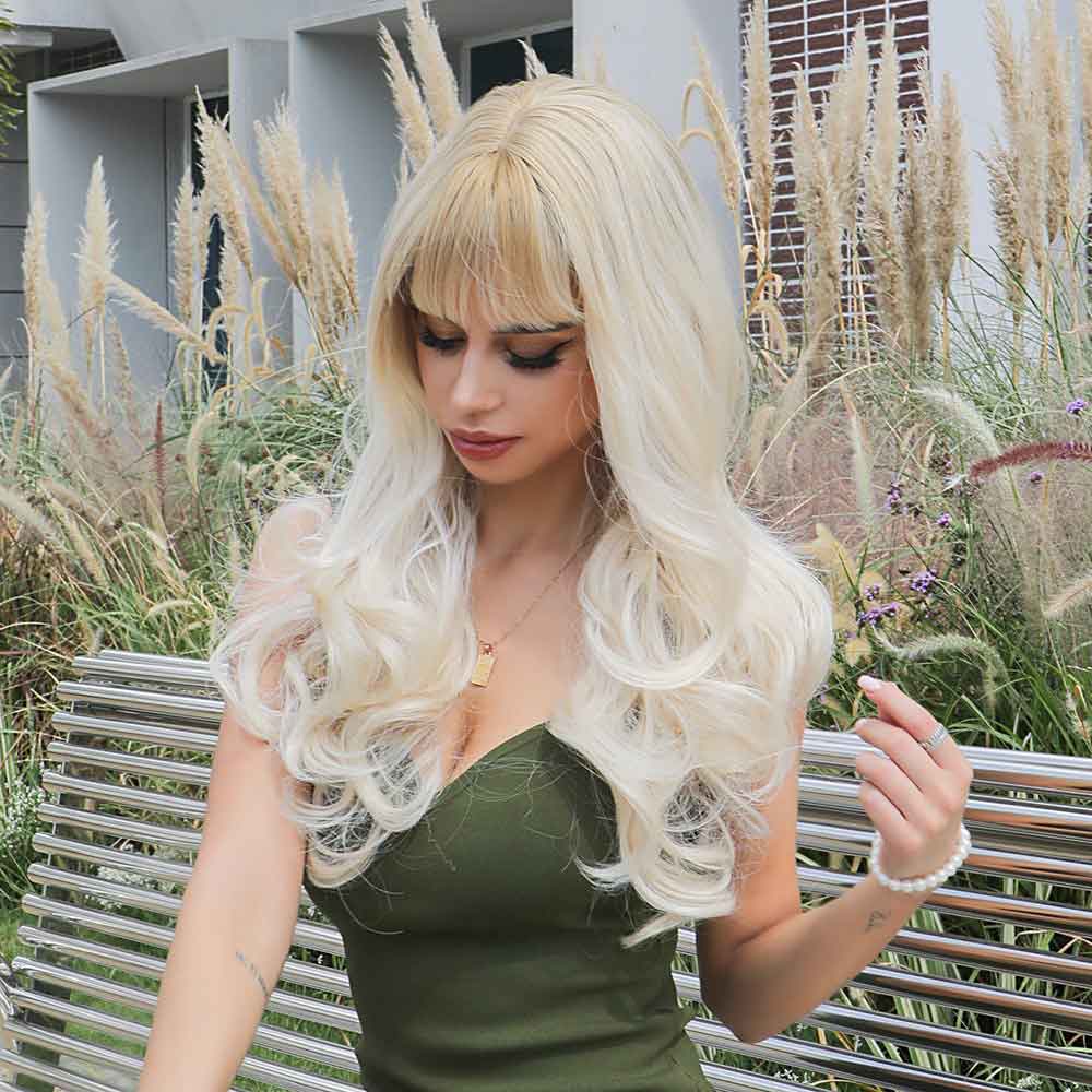 White long wave wig  back side