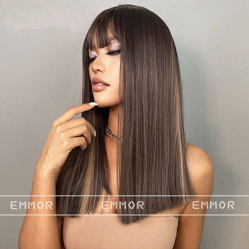 Brown black highlight long straight wig