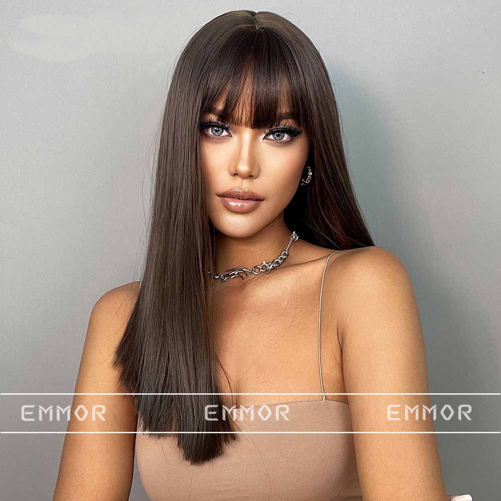 Brown black highlight long straight wig