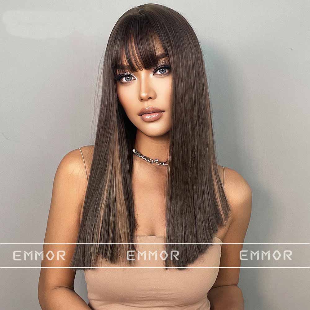 Brown black highlight long straight wig