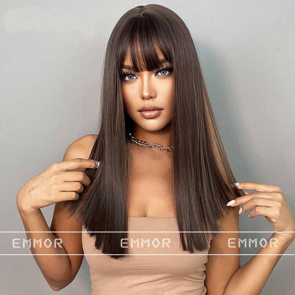 Brown black highlight long straight wig