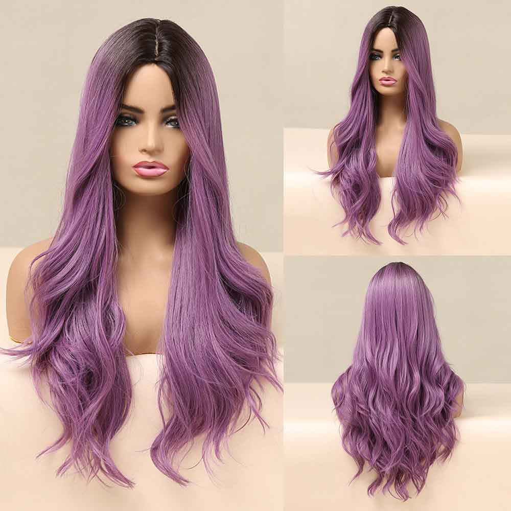 cosplay purple long wave wig all sides