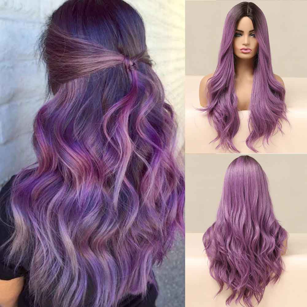 cosplay purple long wave wig all sides