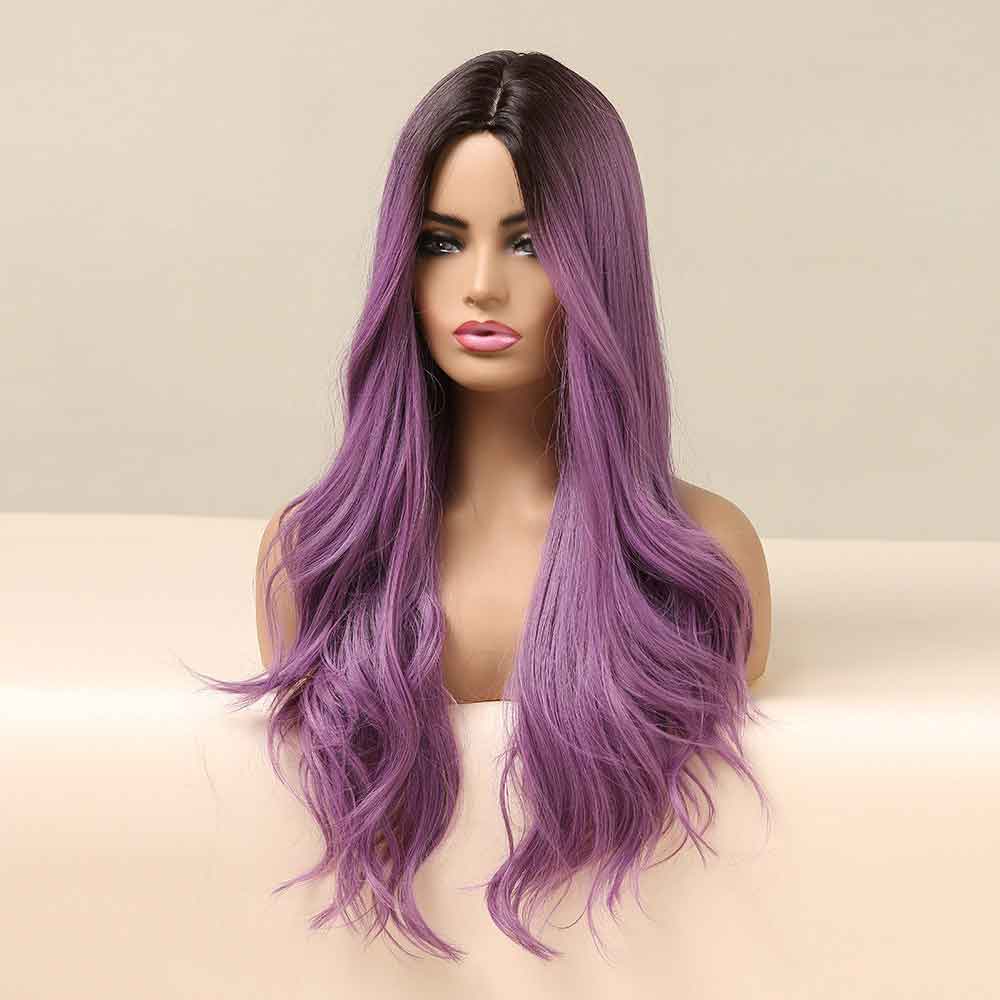 cosplay purple long wave wig all sides