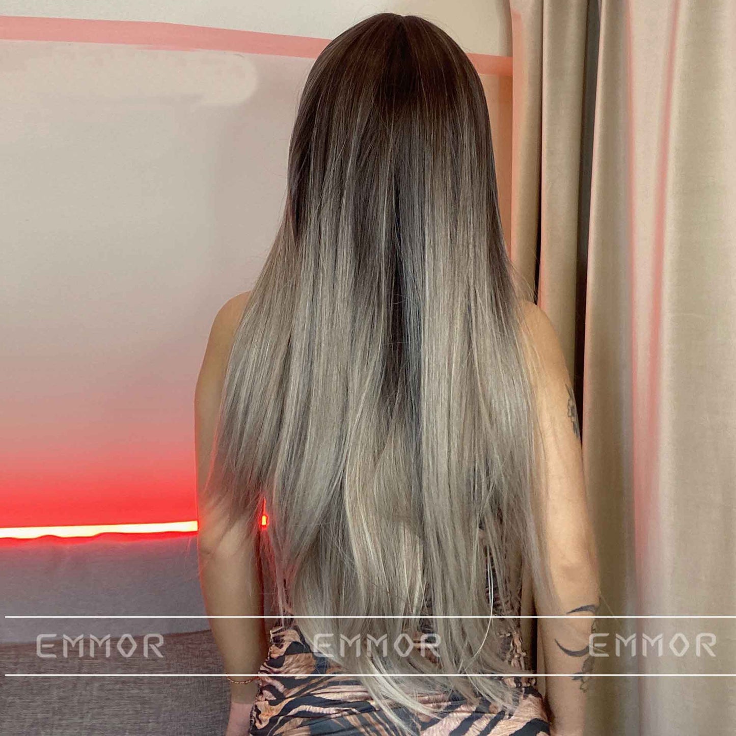 Grey brown highlights straight wig front side