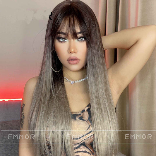 Grey brown highlights straight wig front side