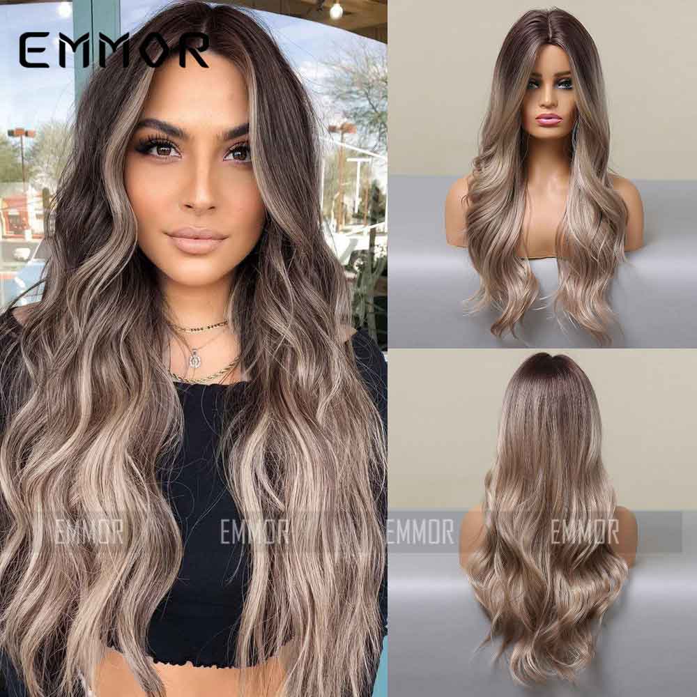 Grey brown highlight wave wig all side