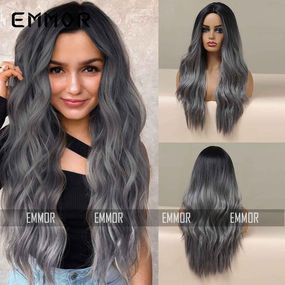 Grey highlight long wave wig back side