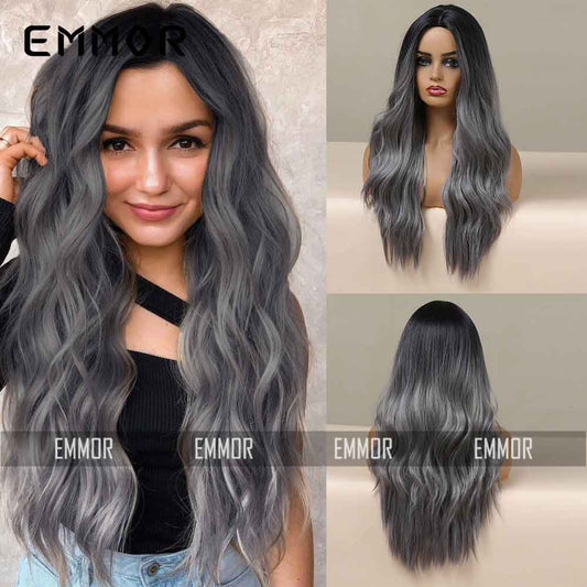 Grey highlight long wave wig back side