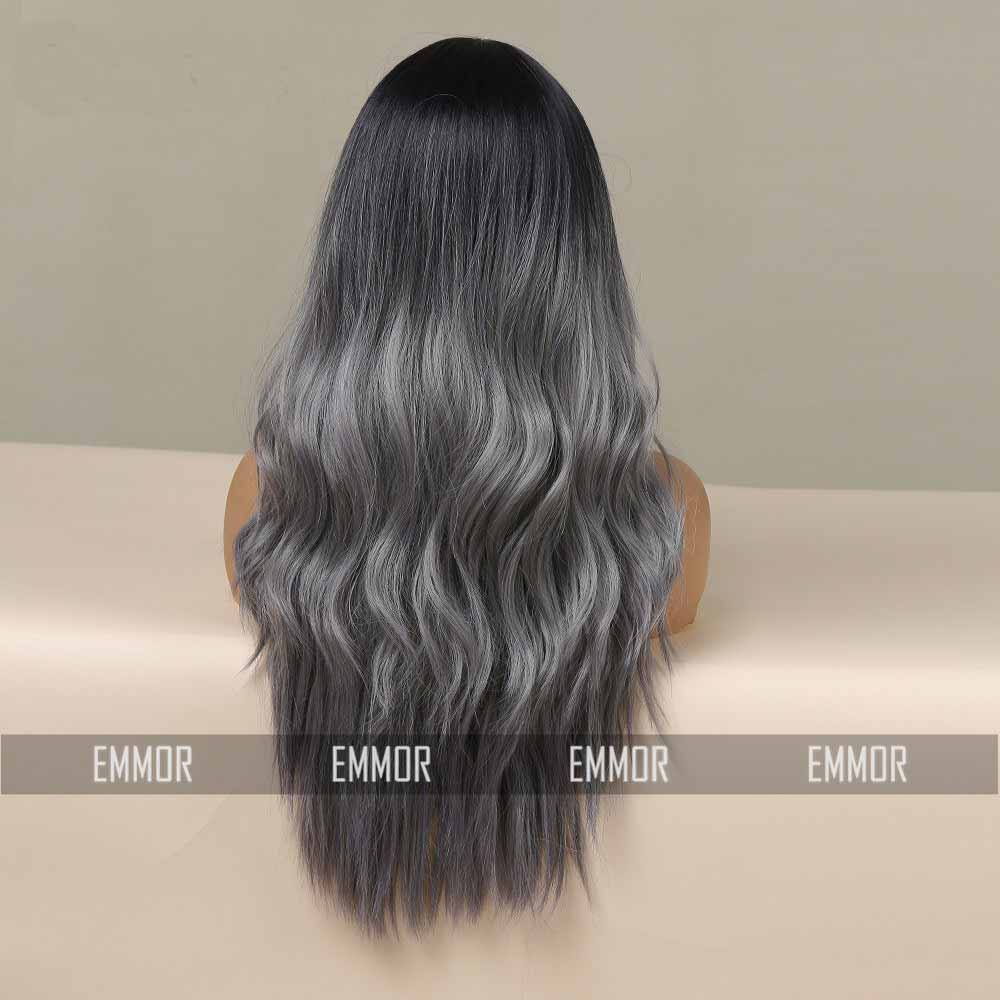 Grey highlight long wave wig back side