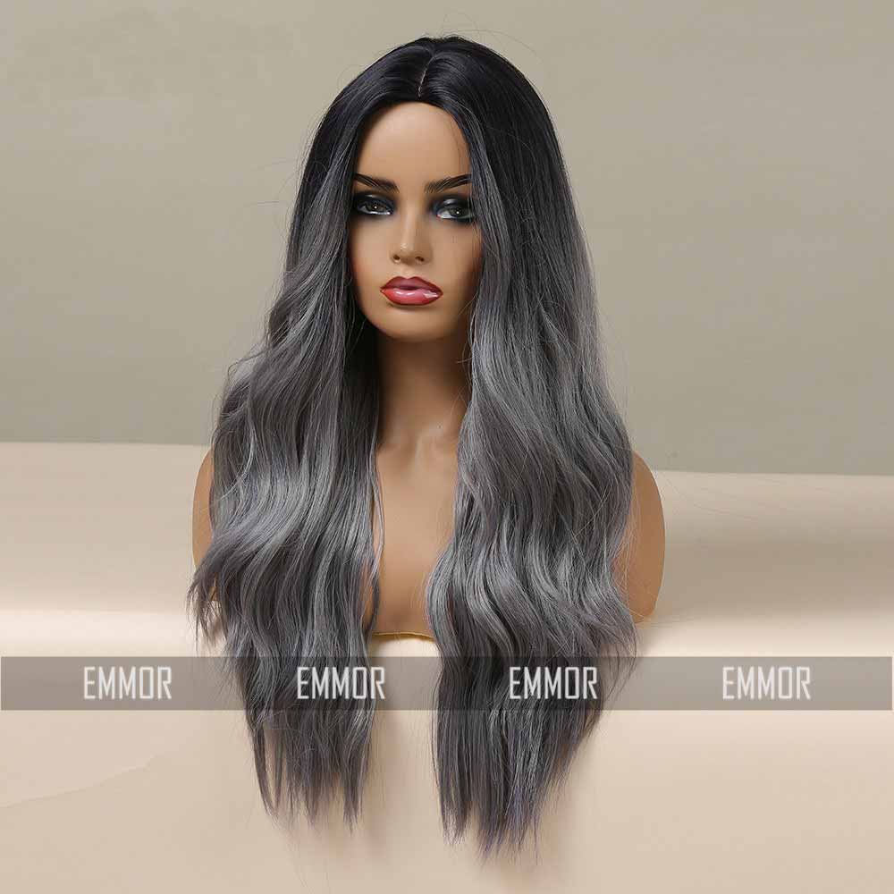 Grey highlight long wave wig back side