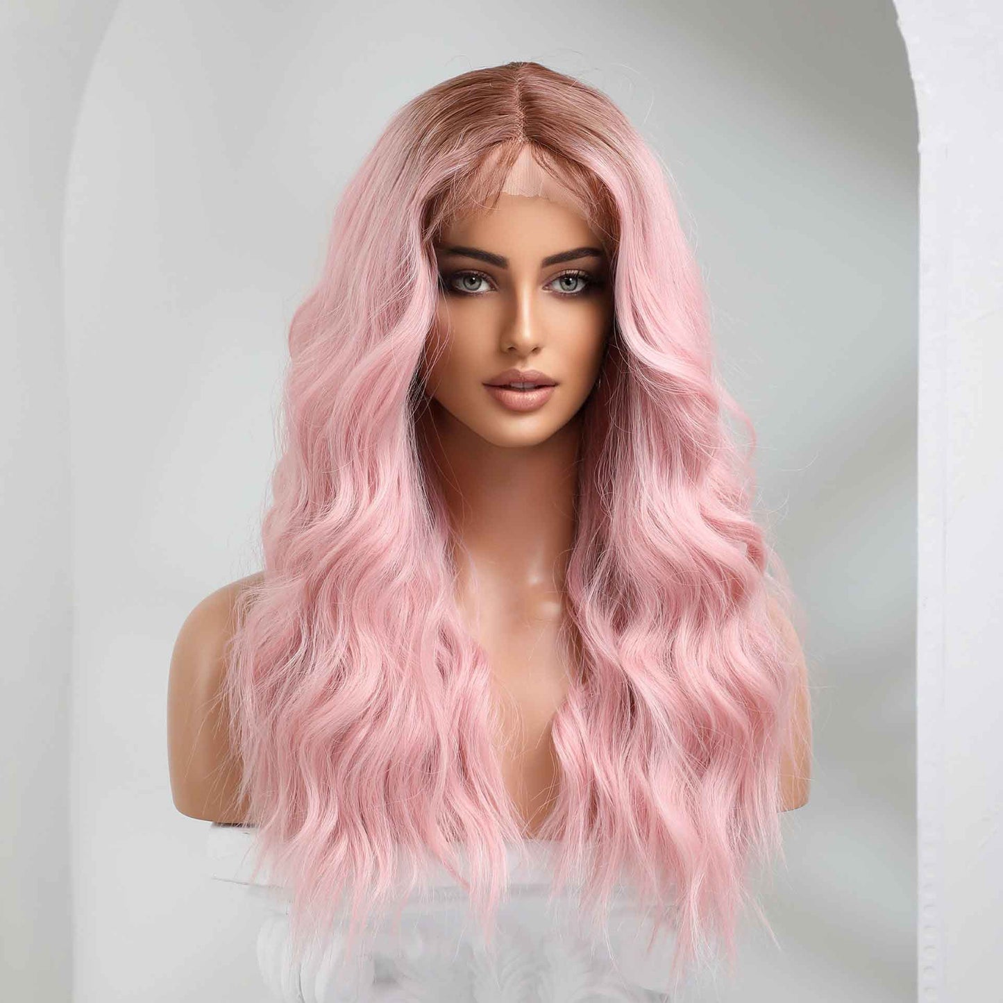 Pink curtain band wave wig back side