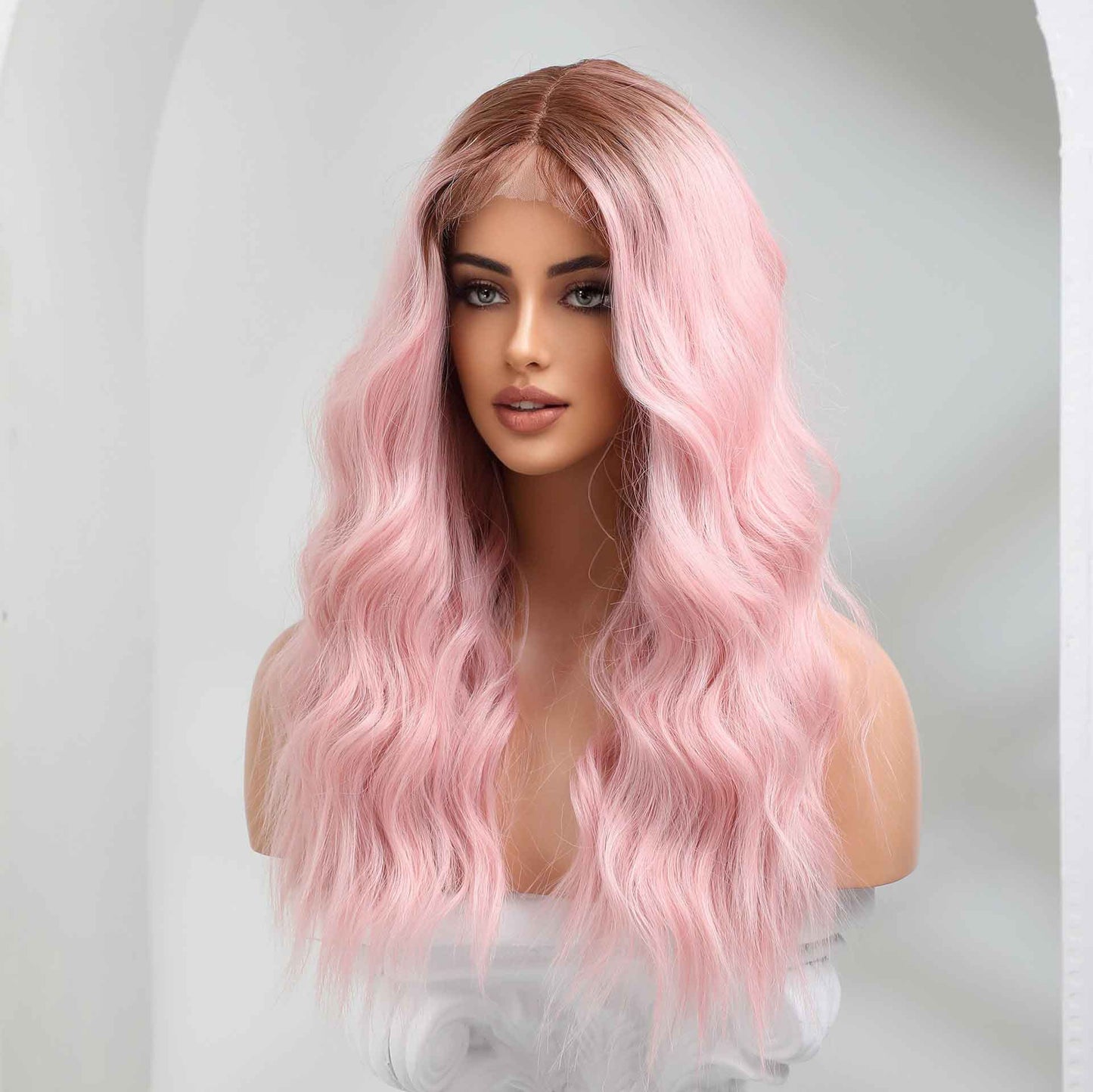 Pink curtain band wave wig back side