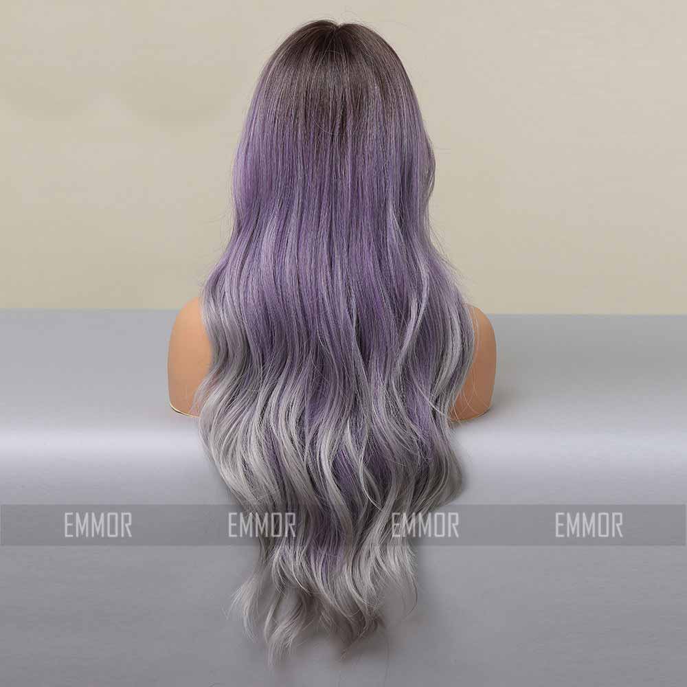 Purple grey highlights wave wig back side