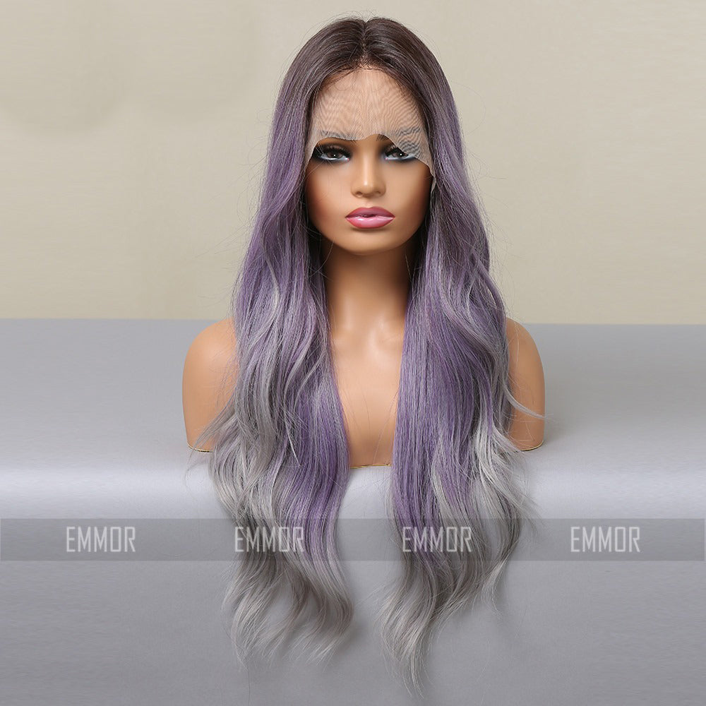 Purple grey highlights wave wig back side