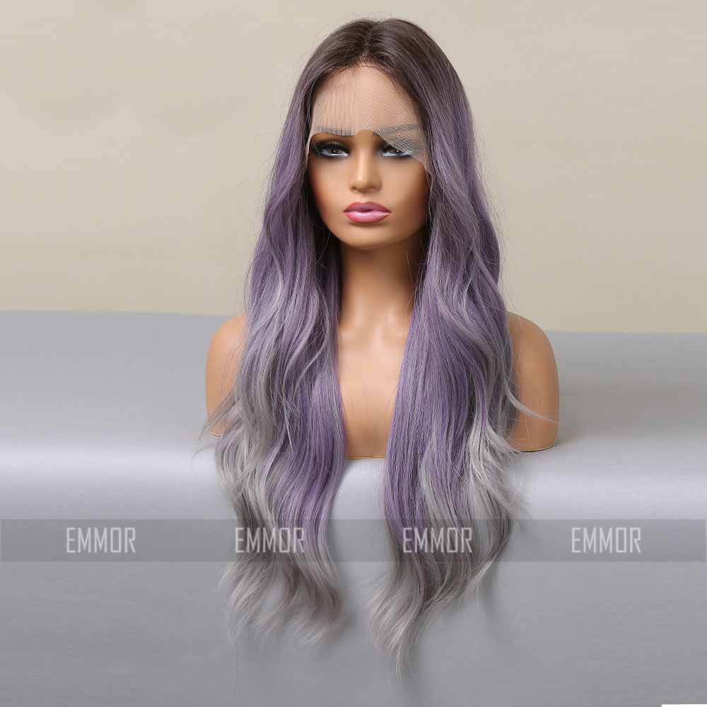 Purple grey highlights wave wig back side