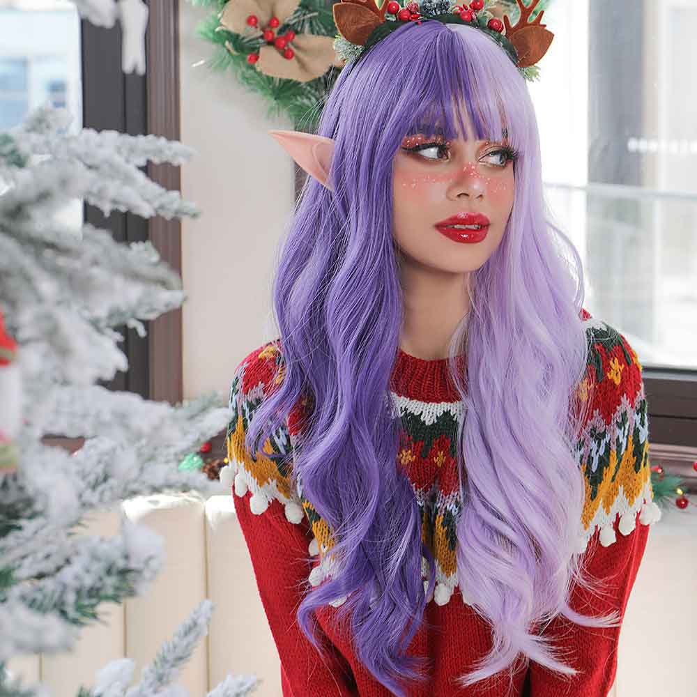 purple long wave wig front side