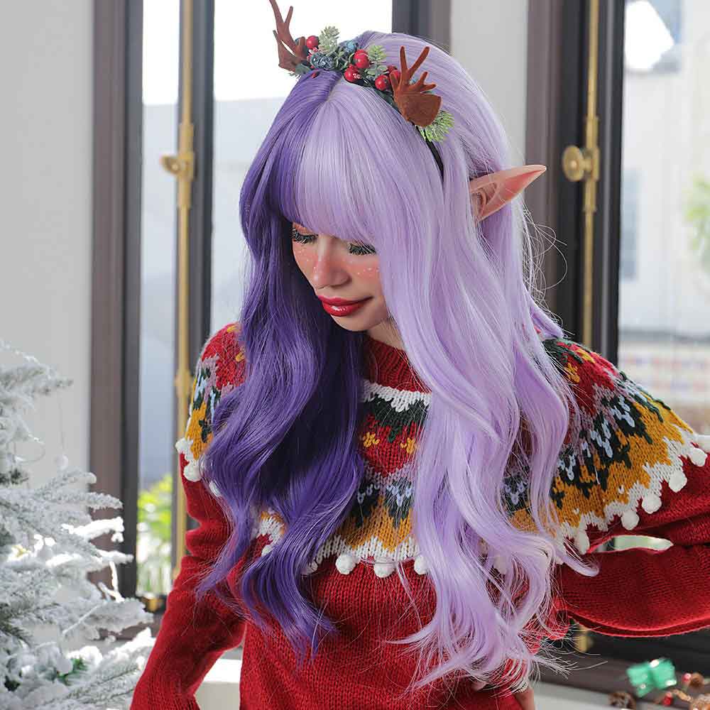 purple long wave wig front side