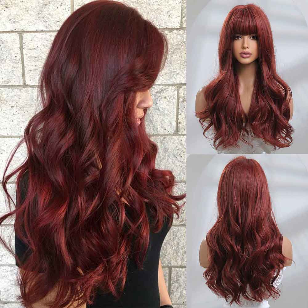 red brown long wave wig front side