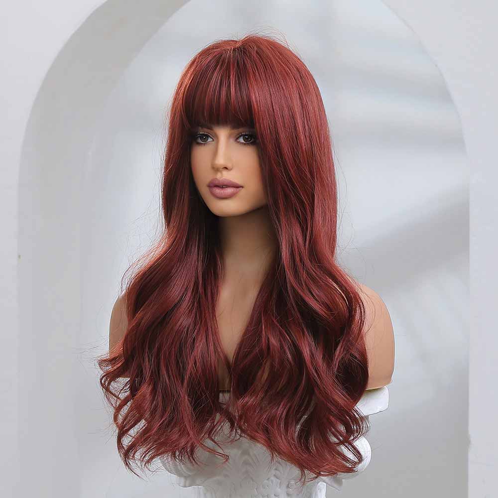 red brown long wave wig front side