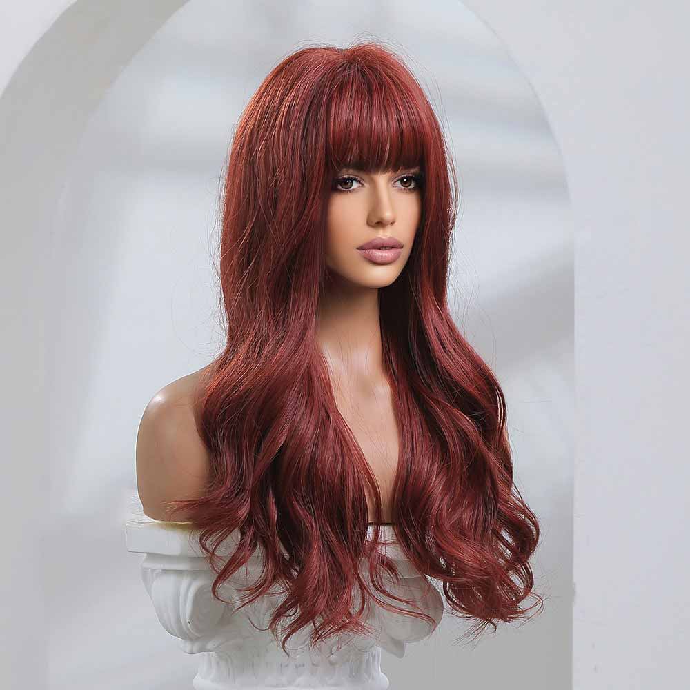 red brown long wave wig front side